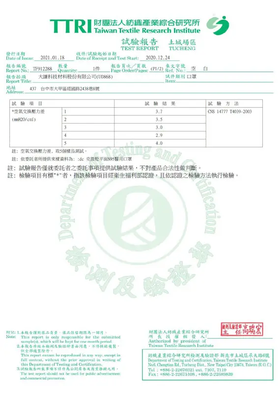 ความดันการแลกเปลี่ยนอากาศของ TAIWAN TTRI