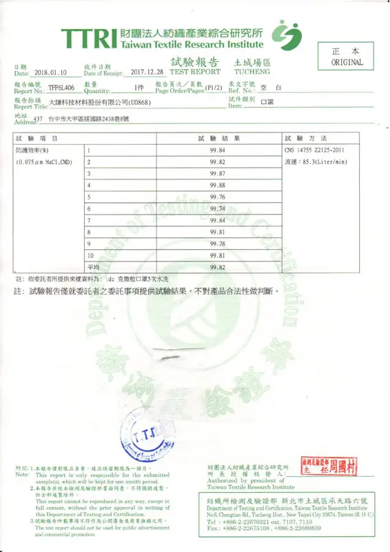 ประสิทธิภาพการปกป้อง TTRI ของไต้หวันหลังการซัก (น้ำ)