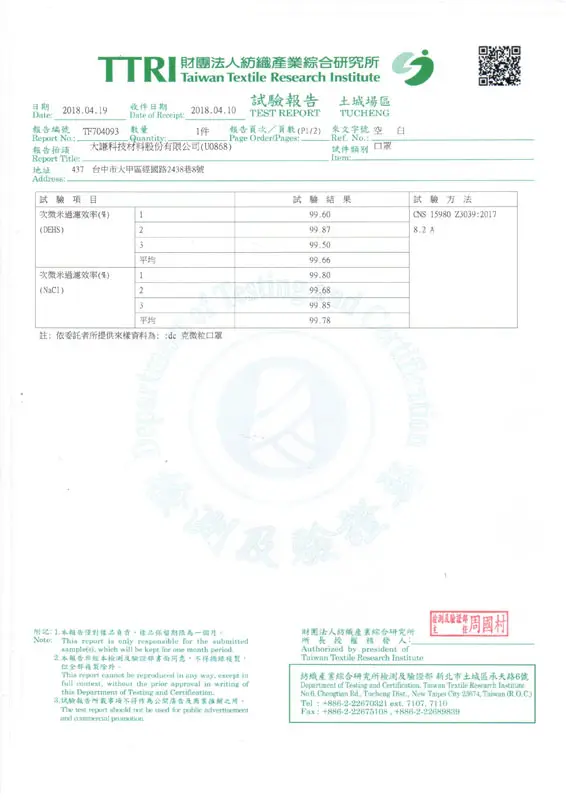หน้ากาก PM2.5 ของไต้หวัน TTRI CNS 15980 คลาส A